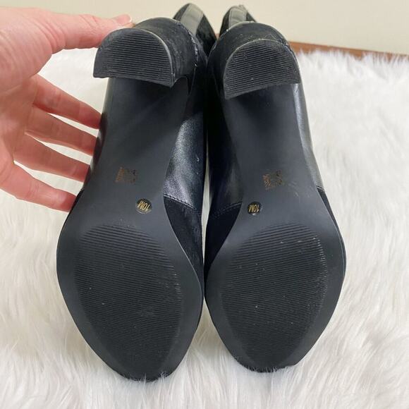 Anne Klein Black Suede & Leather Patchwork Heeled Boots Front Zip Almond Toe 10 - Picture 8 of 10